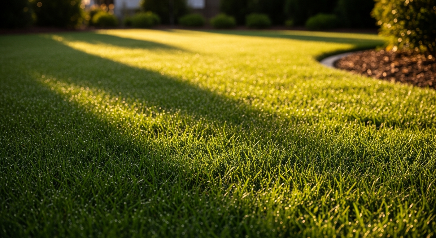 Lush green lawn bathed in warm sunlight